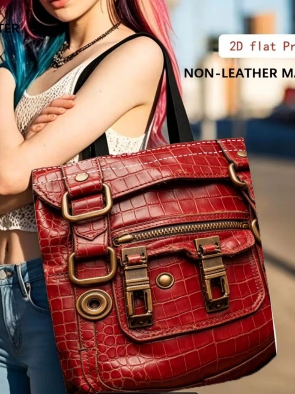 Red 2D Croc-Embossed Women's Shoulder Bag - Stylish Everyday Tote